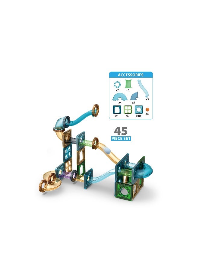 Magni Mates Magnetic Building Tiles Marble Track Set 45 Pieces – DIY Magnetic Blocks with Curved Slides, Tunnel Tubes and Ball Run System for Creative STEM Construction Play - Image 4